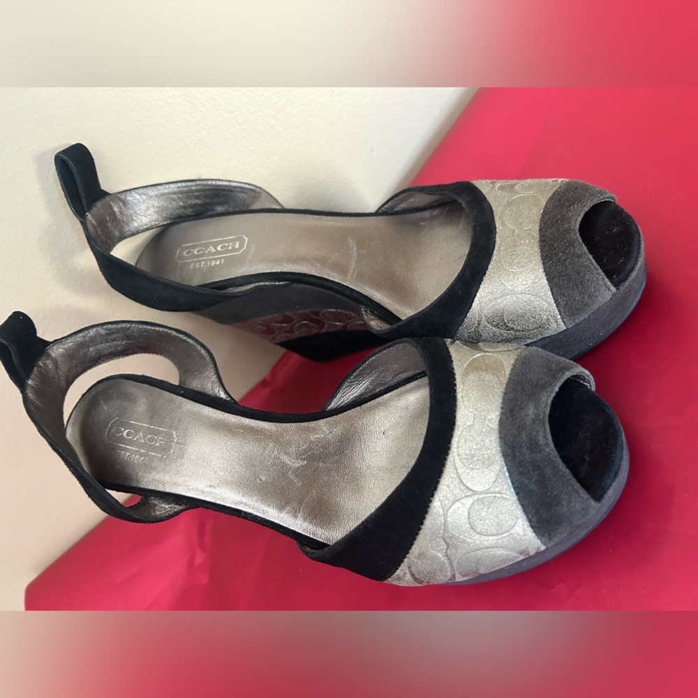 Coach Black and Silver Suede Wedge Sandals - Picture 11 of 13